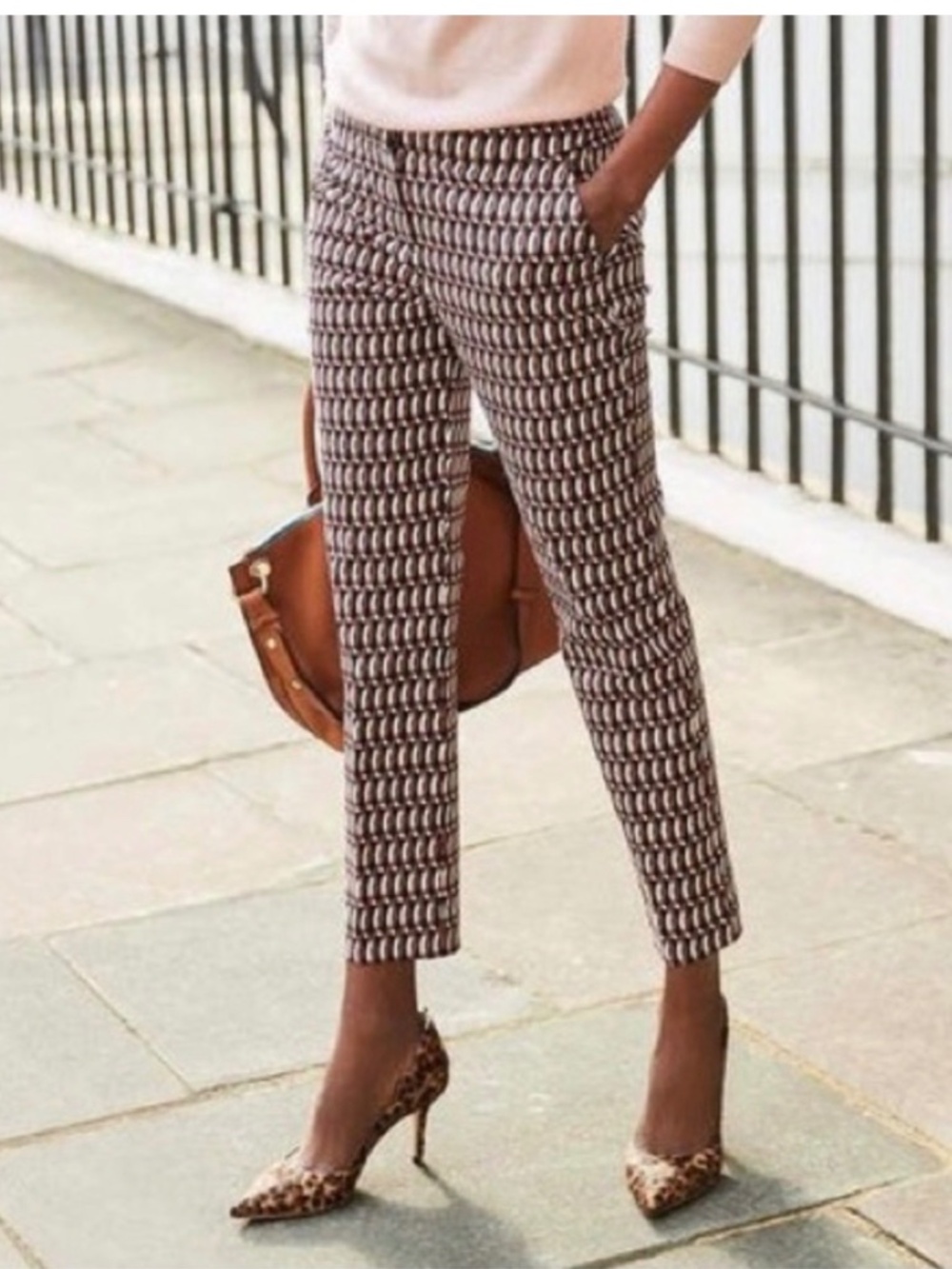 Boden Classic Slim Trousers Black Brown Geometric Print Stretch Pants 8L Long